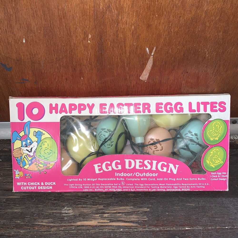 Vintage Plastic Happy Easter Egg String Lites Lights Chick & Duck 10 Lights Read